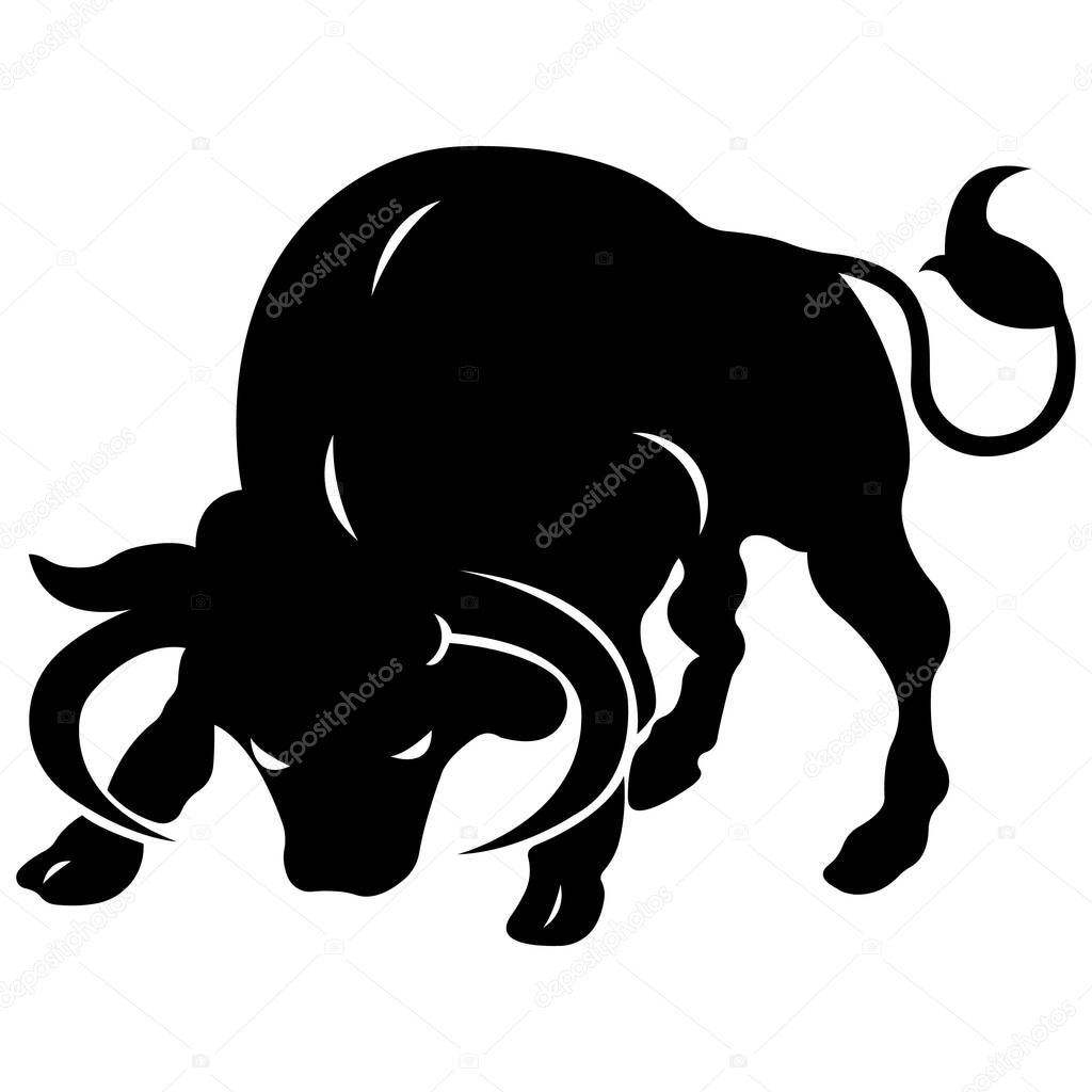 Bull in a furious pose is a black silhouette. The design is suitable for modern decor, paintings, a mascot, icon, album, buffalo logo, tattoo, banner, print on a t-shirt or clothing. Isolated vector