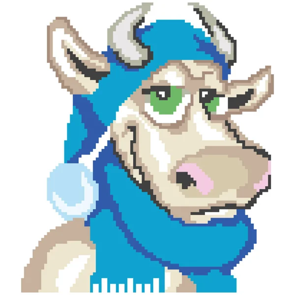 Toro Vaca Dibujos Animados Sombrero Azul Año Nuevo Sharsha Pixel — Vector de stock