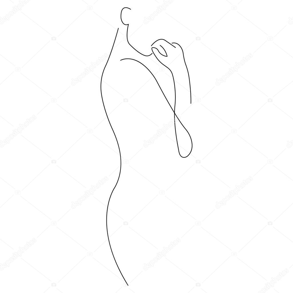 Silhouette of a girl mysteriously looking forward. Minimalism style. Design is suitable for the use of modern decor, paintings, cosmetics, packaging, tattoos, printing on a t-shirt. Isolated vector