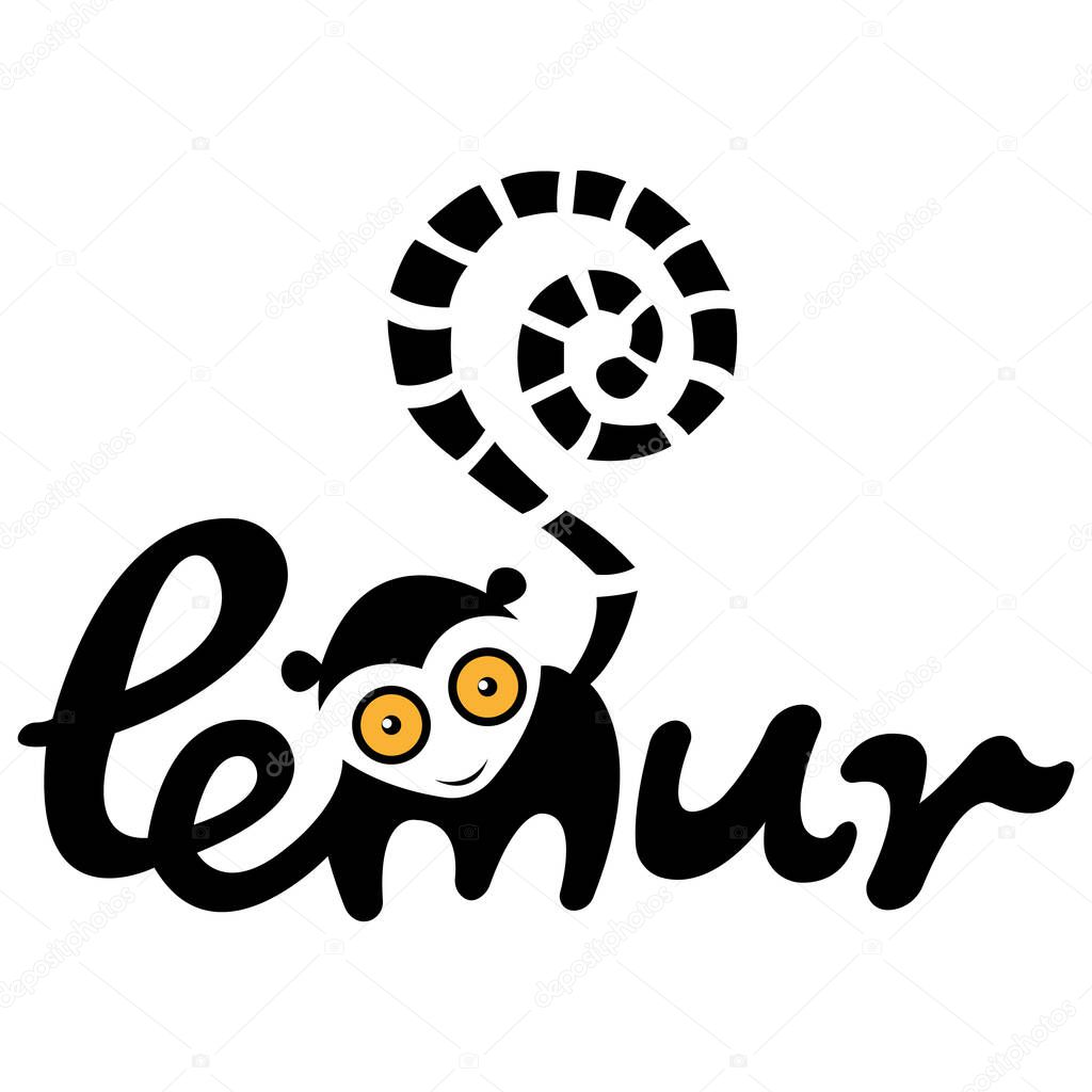 Inscription Lemur with a curled tail. Flat style. Design suitable for logo, mascot, icons, albums, tattoos, banners, souvenirs, print on t-shirts, symbol of an exotic animal. Isolated vector