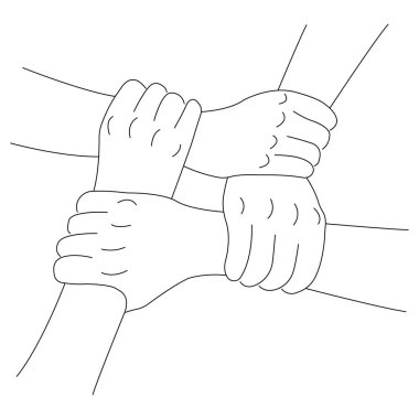 Dört el birbirini bileklerinden tutar. Takım çalışmasında birlik kavramı, uyum, birlik ve dostluğun gücü. Dekor için tasarım, resimler, dövmeler, tişörtte parmak izleri. İzole vektör