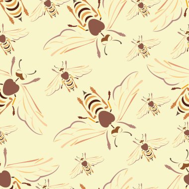 Sarı arka planda arıların silueti olan kusursuz bir desen. Tasarım, duvar kağıdı, tekstil, yatak, tişört ve çeşitli giysiler ve ürün ambalajı için uygundur. İzole vektör