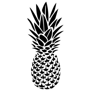 Bir ananas. Beyaz izolasyonu üzerinde düz bir tarzda gerçekçi siyah siluet. Tebrik kartları, tropikal yaz içkileri, yaz meyveleri, sağlıklı yaşam tarzı, afiş, tişört baskısı için tasarım. Vektör