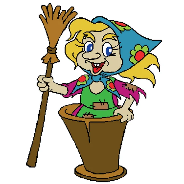 Baba Yaga 帽子和扫帚女巫 漫画矢量艺术 — 图库矢量图片