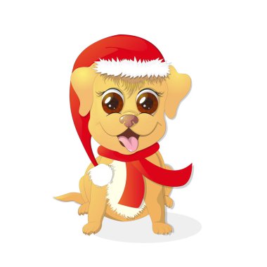 Noel şapkası ve atkısıyla çizgi film köpeğinin vektör çizim sanatı 