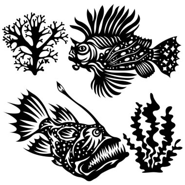  Balıkların vektör çizimi, deniz hayvanı sanatı 