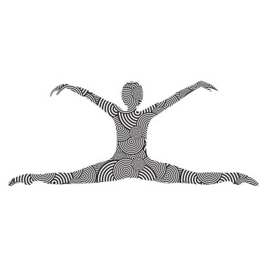 Modern dans, fitness, yoga, jimnastik, sicim, beyaz arka planda bir desenle süslenmiş bale yapan bir kızın silueti. Vektör illüstrasyonu