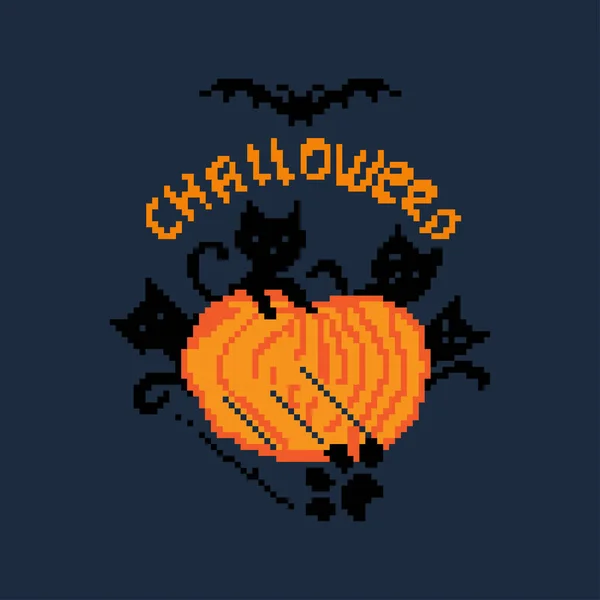 Halloween Chat Citrouille Peinte Avec Des Pixels Carrés Illustration Vectorielle — Image vectorielle