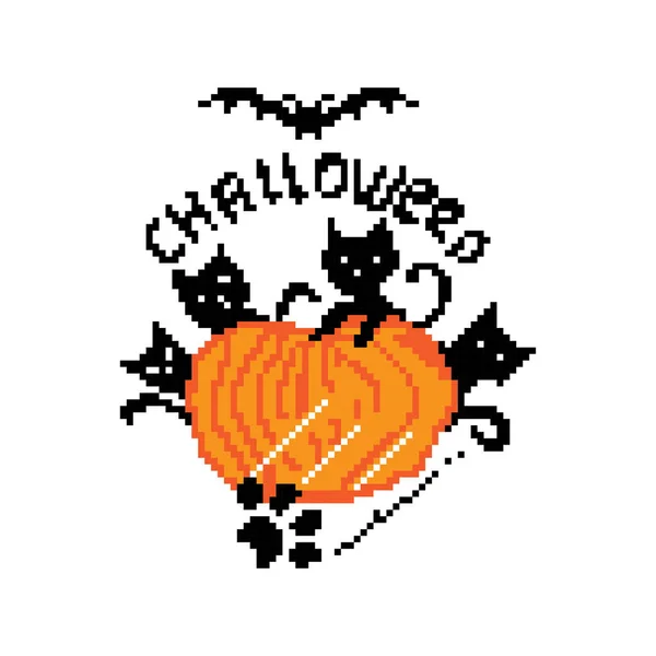 Halloween Kot Dynia Pomalowana Pikselami Kwadraty Ilustracja Wektora — Wektor stockowy