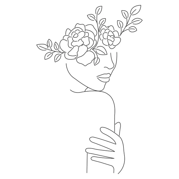 Illustration Vectorielle Femelle Tendre Femme Aux Fleurs Flore Botanique — Image vectorielle