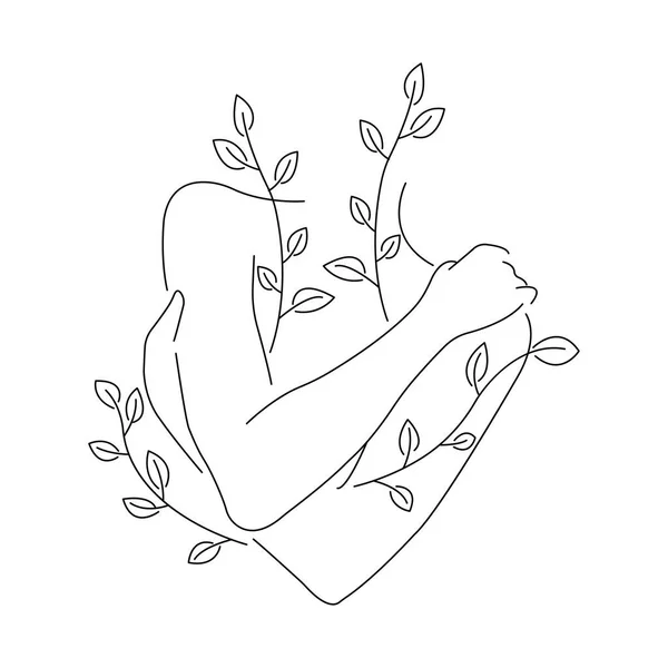 Ilustração Vetorial Mãos Humanas Corpo Feminino Com Ramos Folhas — Vetor de Stock