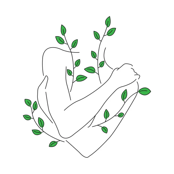 Vector Illustration Human Hands Female Body Branches Leaves — Stock Vector