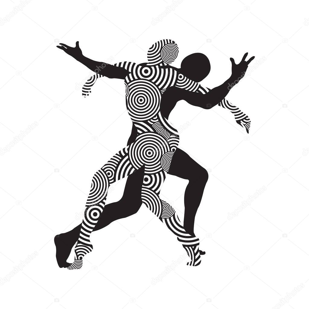 Silhouette of dancing couple, men and women doing modern dance, fitness, yoga, gymnastics, twine, ballet, decorated with a pattern on a white background. Vector illustration