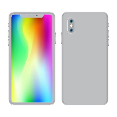 Kameralı yeni cep telefonu, renkli ekran, beyaz arka planda arka kapak. Gerçekçi yüksek kaliteli vektör çizimi