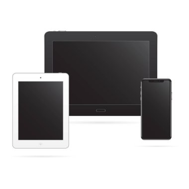 Gerçekçi siyah, gümüşi tabletler ve siyah ekranlı siyah bir cep telefonu. Bir takım teknolojik aletler, aletler. Yüksek kalitede vektör illüstrasyonu