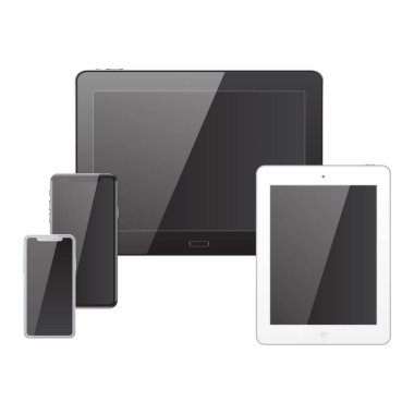 Ekranda ışık yansıyan gerçekçi bir tablet ve cep telefonu. Bir takım teknolojik aletler, aletler. Yüksek kalitede vektör illüstrasyonu