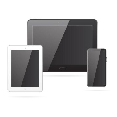 Gerçekçi siyah, gümüşi tabletler ve siyah ekranlı siyah bir cep telefonu. Bir takım teknolojik aletler, aletler. Yüksek kalitede vektör illüstrasyonu