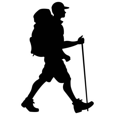 Şapkalı bir sırt çantalı sığır çobanı, beyaz arka planda siyah siluet. Temiz havada yürümek için doğada geziyorum. Turizm kulübü logosu, bir turizm kulübünün amblemi. İzole vektör çizimi