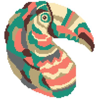 Tukan. Parlak bir tropikal kuşun kafası. Piksel sanat tarzı. Beyaz izole edilmiş arka planda vahşi Güney Amerika hayvanları. Egzotik orman kuşu. Logo tasarımı, çıkartmalar, nakış, uygulama, mozaik. Vektör