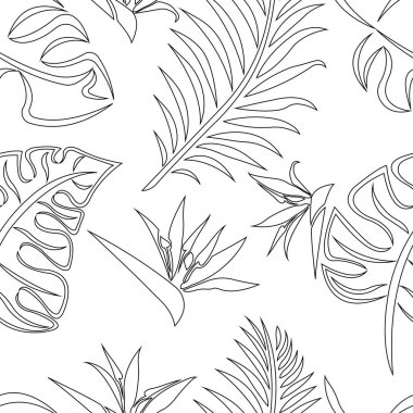 tropikal yapraklı siyah beyaz desen, vektör illüstrasyonu