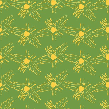 Yeşil arka planda sarı arı siluetleri olan kusursuz desenler. Tasarım, duvar kağıdı, tekstil, yatak, tişört ve giysi baskısı ve ürün ambalajı için uygundur. İzole vektör
