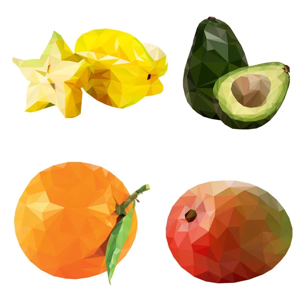 Set Exotic Fruits Carambola Avocado Orange Mango White Background — Stock Vector