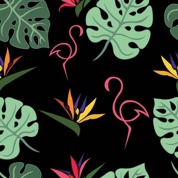 Sömlös Mönster Med Tropiska Blad Och Rosa Flamingos Vektor Illustration — Stock vektor