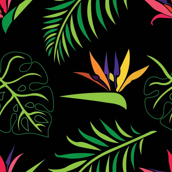 Sömlös Mönster Med Tropiska Blad Och Blommor Vektor Illustration — Stock vektor