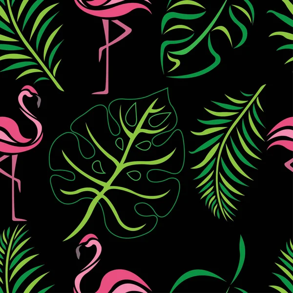 Sömlös Mönster Med Tropiska Blad Och Rosa Flamingos Vektor Illustration — Stock vektor