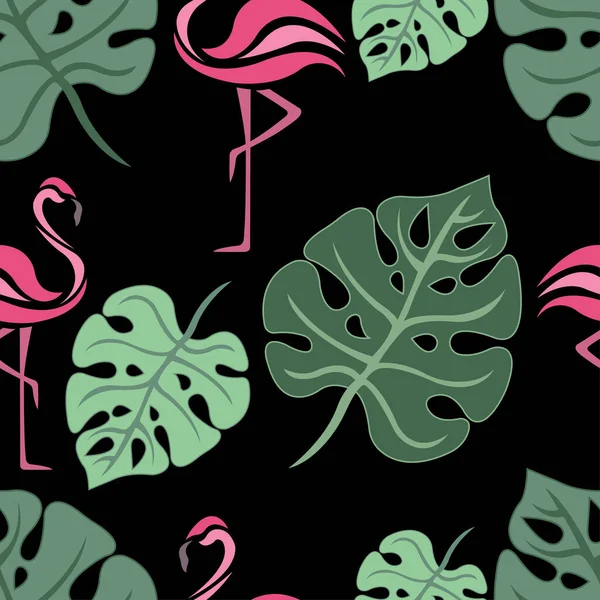 Nahtloses Muster Mit Tropischen Blättern Und Rosa Flamingos Vektorillustration — Stockvektor