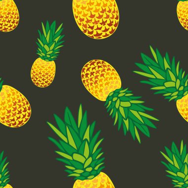 Siyah bir arka planda kusursuz parlak ananas deseni. Duvar kağıdı için uygun tasarım, menü formlarının dekorasyonu, yatak örtüsü, tropikal tekstil baskıları, ürün ambalajlama. Düzenlenebilir vektör
