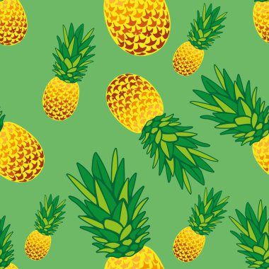 Yeşil bir arka planda kusursuz parlak ananas deseni. Tasarım duvar kağıdı, menü formlarının dekorasyonu, yatak örtüsü, tropikal tekstil baskıları, ürün ambalajlama için kullanılabilir. İzole vektör