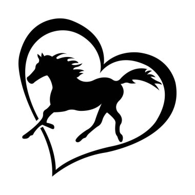 Kalbinde dört nala koşan bir aygır silueti. Hayvanlar için sevgi kavramı. Logo, maskot, dövme, şablon, tişört ya da giysi için uygun tasarım. İzole vektör illüstrasyonu