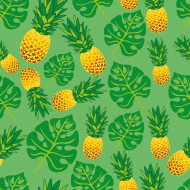 Kusursuz desenli ananas ve canavar yaprakları yumuşak yeşil bir arka planda. Tasarım duvar kağıdı, menü tasarımı, yatak, tropikal tekstil baskıları, ürün ambalajlama için kullanılabilir. İzole vektör