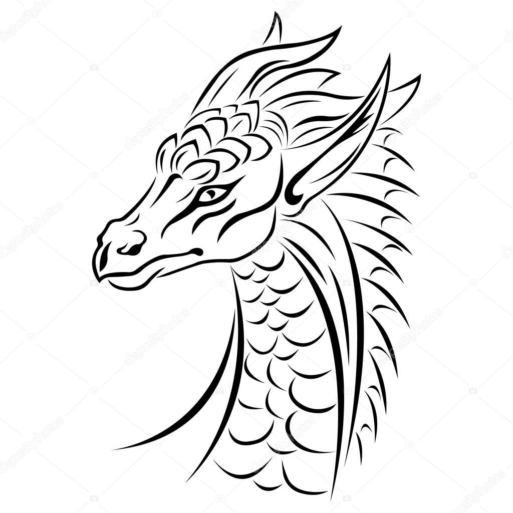 Dragon is a mythical character drawn with various black lines. Design suitable for logo, tattoo, mascot, fantastic animal symbol, stencil, t-shirt or clothing print. Editable vector illustration