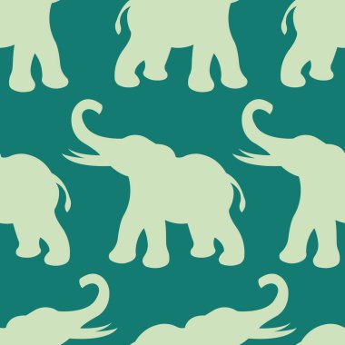 Yeşil arka planda açık yeşil fil siluetleri olan kusursuz bir desen. Duvar kağıdı, tekstil, yatak, tişört ve giysi baskısı ve ambalaj ürünleri için uygun tasarım. Vektör deposu