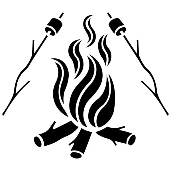 Yanan odun yığınlarıyla şenlik ateşi ve dallarında marşmelov. Logo, açık hava eğlencesi, kamp sembolü, gezgin spor kulübü amblemi, simge, etiket, stencil için uygun tasarım. İzole vektör
