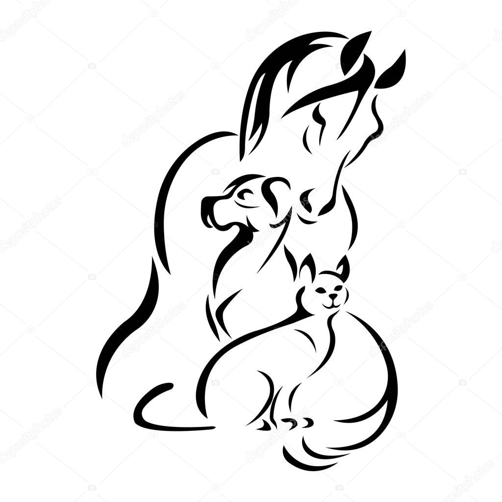 Horse, dog, cat protect each other. The design is suitable for the logo of organizations for the protection and care of pets, pet stores and feed, veterinary institutions. Isolated vector stock