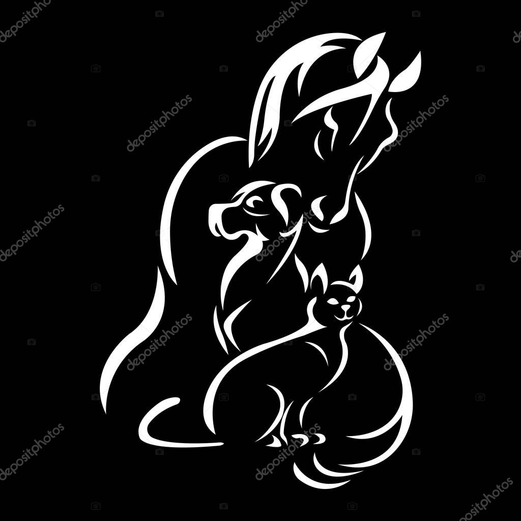 Horse, dog, white ceta cat on a black background. Design is suitable for the logo of organizations for the protection and care of pets, pet stores and feed, veterinary institutions. Isolated vector