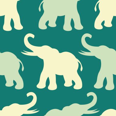 Sarı ve açık yeşil fil siluetleriyle kusursuz desen. Tasarım duvar kağıdı, tekstil, yatak, tişört ve giysi baskısı, ürün ambalajı için uygundur. Vektör stok illüstrasyonu