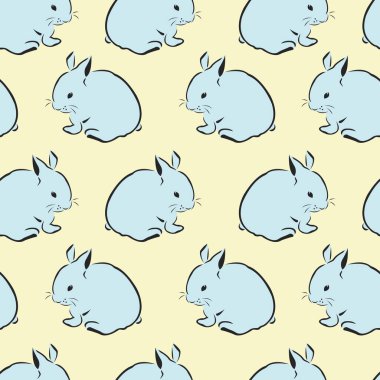 Sarı arka planda mavi tavşanlar ve tavşanlarla kusursuz bir desen. Duvar kağıdı, tekstil, çocuk odası, yatak odası, tişört baskısı, ambalaj malzemeleri, Paskalya arkaplanı