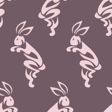 Pembe tavşanlar ve tavşanlarla kusursuz bir düzen. Duvar kâğıdı, tekstil, paskalya arkaplanı, çocuklar ve yetişkinler için hayvanlarla yatma, tişört basma, paketleme ürünleri. Vektör