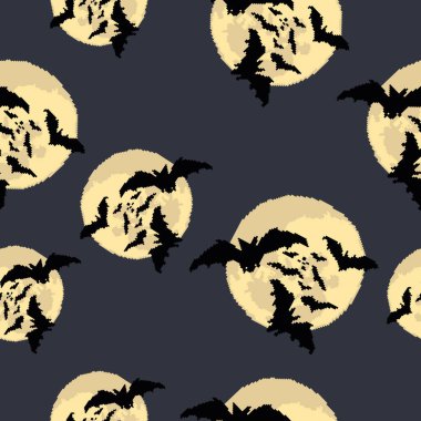 Ayın arka planında siyah yarasalar olan kusursuz bir şekil. Duvar kağıdı, cadılar bayramı tekstili, odalar, yatak, tişört ve giysi baskısı, ürün ambalajlama ve ambalaj kağıdı için tasarım