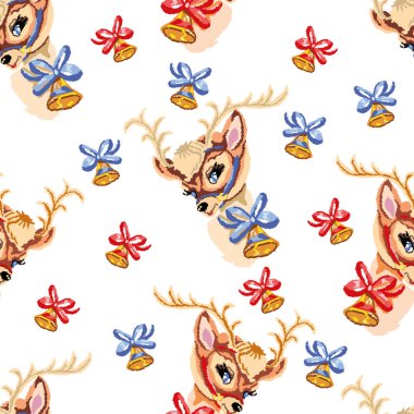 Geyik ve çan şeklinde kusursuz bir desen. Tasarım tekstil, duvar kağıtları, web siteleri, kapaklar, kapaklar, odalar, yatak, tişört ve giysi, gıda ambalajı ve ambalaj kağıdı için kullanılabilir.