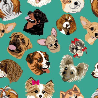 Farklı cinsten pikselli köpeklerle kusursuz bir model. Tasarım tekstil, duvar kağıtları, web siteleri, slipcovers, cover, yatak, tişört, ürün ambalajlama ve ambalaj kağıtları için kullanılabilir.
