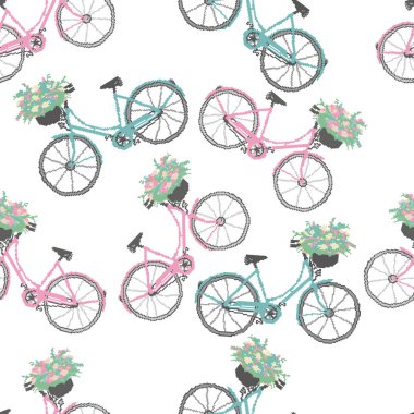 Bisikletli, kusursuz bir şablon. Tekstil, duvar kağıtları, web siteleri, davalar, kalem kılıfları, odalar, yatak odası, tişört ve giysi baskısı, ürün ambalajlama ve paketleme kağıtları için uygun tasarımlar