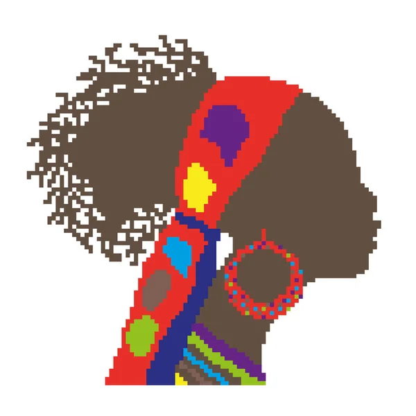 一个非洲裔美国女人的轮廓 她有着美丽的卷曲的发型 带着彩色的绷带 用像素画成正方形 一个戴围巾的黑人女孩的画像 矢量孤立的说明 — 图库矢量图片