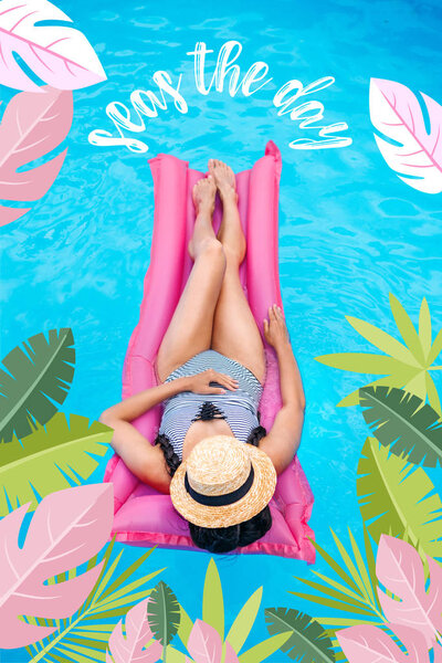 Woman on inflatable mattress in pool