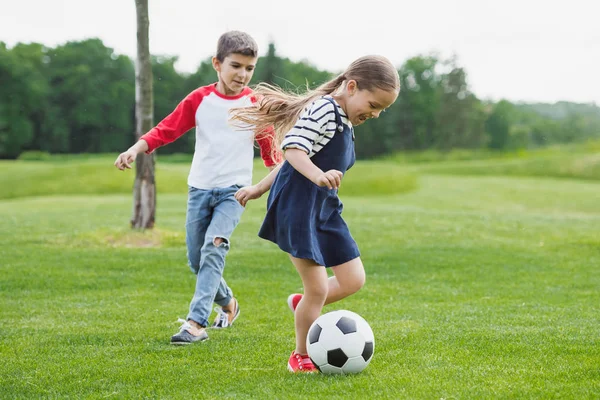 Copii Fericiți Jucând Fotbal Pajiște Iarbă Verde Imagine de stoc