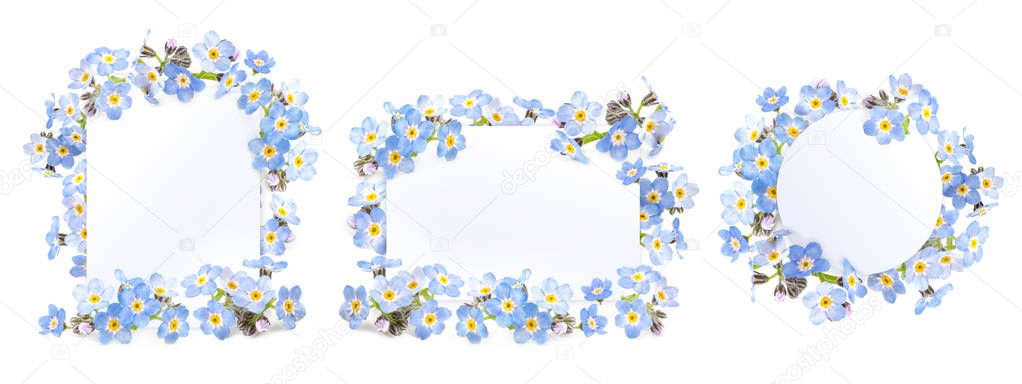 Romantic greeting card. Template for your design. Beautiful spring forget-me-nots flowers 